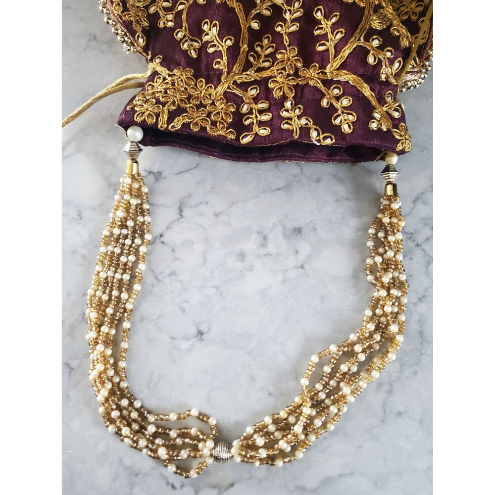 Elegant Embroidered Drawstring Potli Bag With Pearl Handle - Picture 3 of 11